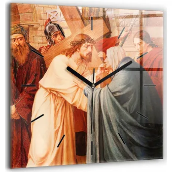 Hodiny Skleněné hodiny s potiskem Nástěnné dekorativní hodiny Ježíš Křížová cesta