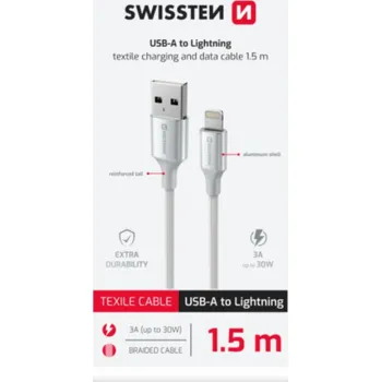 Datový kabel SWISSTEN DATOVÝ KABEL TEXTILE II USB / LIGHTNING 1,5 M BÍLÝ