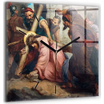 Hodiny Velké skleněné nástěnné hodiny s motivem: Ježíš padá pod křížem