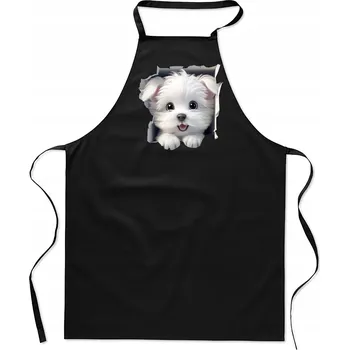 Kuchyňská zástěra KUCHYŇSKÁ ZÁSTĚRA bavlna černá s motivem DÍRA PES Maltézský psík štěně FA_488_cz
