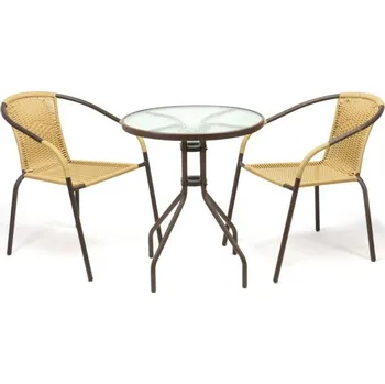 Zahradní sestava Malý balkonový set pro 2 osoby - kulatý stůl se sklem + 2 židle, kov + ratanový výplet