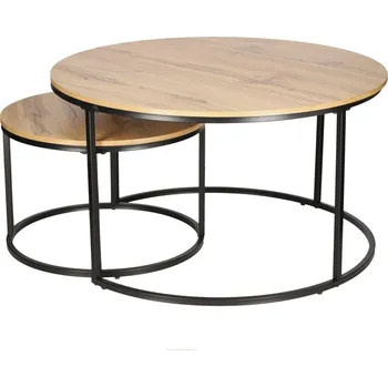 Konferenční stolek Sada 2 kulatých konferenčních stolků Ruth 2v1 do obýváku, dřevěné, industriální Intesi
