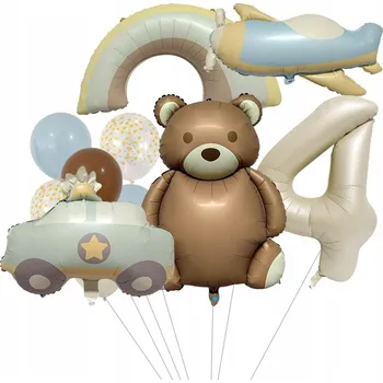 Balónek Sada balónků NAROZENINY MEDVÍDEK LETADLO AUTÍČKO pastelové RETRO číslice 4