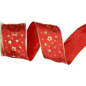 Stuha Stuha vánoční saténová NOBLESSE RED červená 40mm x 2m (16,-Kč/m) (Vánoční stuha saténová, zlatý okraj, jednostranný potisk, s drátkem)