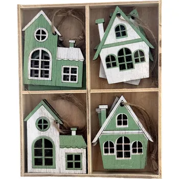 Velikonoční dekorace Dřevěné závěsné domečky, zelené, box 8 ks