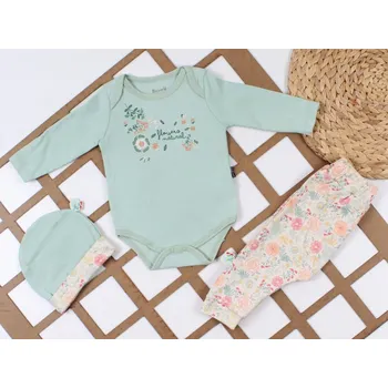Kojenecká souprava Dětská souprava Flowers – body, kalhoty, čepička 68/74