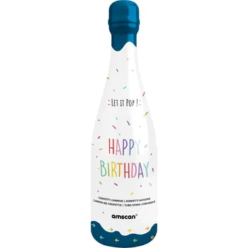 Konfeta Amscan / Reithmüller Konfety vystřelovací Lahev Happy Birthday modrá, 32 cm