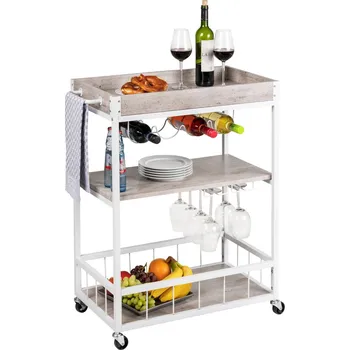 Servírovací stolek Kuchyňský vozík RUSTICO, třístupňový stojan na kolečkách s držáky na lahve a brýle - 80 x 89,5 x 40 cm, WENKO