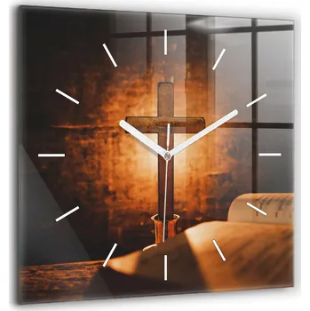 Hodiny Skleněné hodiny s motivem Kříže a Písma Svatého, tiché, klasické, nástěnné 60x60 cm