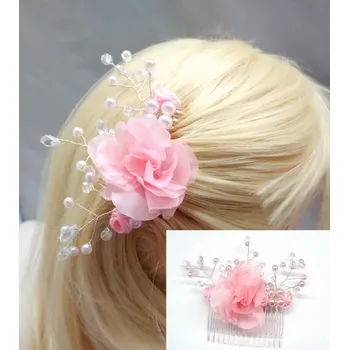Ozdoba do vlasů Hřebínek Alia svatební s růžovými květy a perličkami BH39