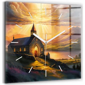Hodiny Moderní Nástěnné Hodiny s Náboženským Motivem - Ilustrace krajiny s kostelem