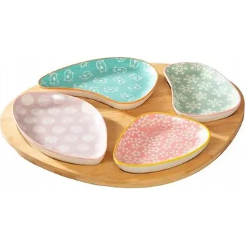 Sada misek 4 misky na servírování s dřevěným prkénkem s prohlubněmi