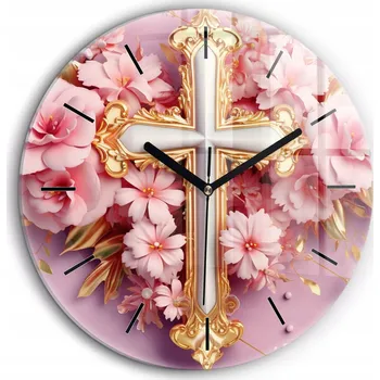 Hodiny Kulatý Nástěnné Hodiny Závěsné Klasické Zdobené křížem a květinami průměr 60 cm