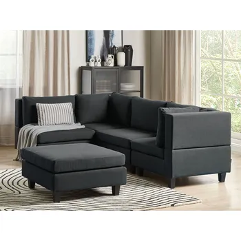 Pohovka Modulární rohová pohovka černé látkové čalounění 4místná pravostranná s taburetem moderní styl obývací pokoj Beliani