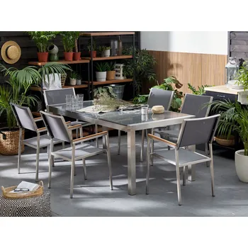 Zahradní sestava Zahradní jídelní sada šedá s šedou žulovou deskou stolu, 6 míst, trojitá deska 180 x 90 cm Beliani