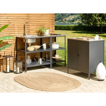 Kuchyňská linka Venkovní kuchyňský ostrůvek s dřezem černá nerezová ocel 80 x 50 x 92 cm páková baterie 2 police pracovní plocha zahradní kuchyně a jídelna Beliani