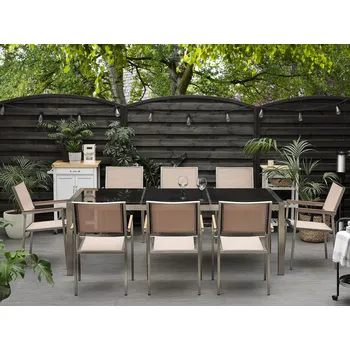 Zahradní sestava Zahradní jídelní souprava béžová s deskou z černé žuly, 8 sedadel, trojitý talíř 220 x 100 cm Beliani