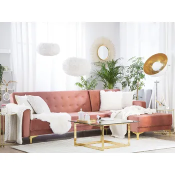 Sedací souprava Rohová rozkládací pohovka růžová sametové čalounění moderní styl 4místná modulární levostranná ve tvaru L obývací pokoj Beliani