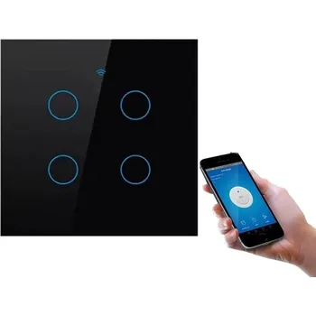 vypínač DOTYKOVÝ SKLENĚNÝ SPÍNAČ SVĚTLA 4 KANÁLOVÝ WIFI BEZ N NEBO S N TUYA SMART ČERNÝ