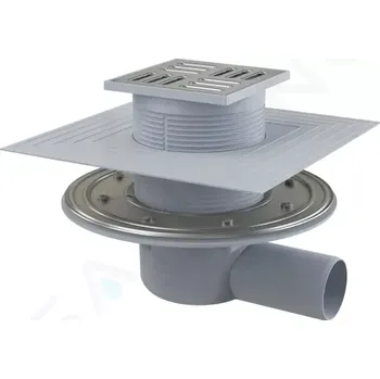 Kanalizační potrubí Alcadrain Podlahová vpust boční 105x105 mm, průměr 50 mm, 2. úrovně izolace, zápachová uzávěra SMART, nerez/plast, APV1324