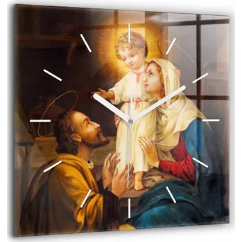 Hodiny Skleněné Nástěnné Hodiny Svatý Josef, Maria a Ježíš