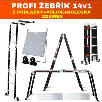 Žebřík Multifunkční hliníkový žebřík 14v1 BLACK PREMIUM + NAVÍC ZDARMA 2x podlážky, police a kolečka