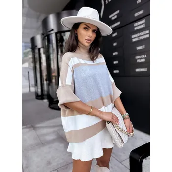 Dámské oblečení Béžově-bílý pruhovaný oversize rolák s 3/4 rukávem ZEPHYR MY2022 Velikost: ONE SIZE