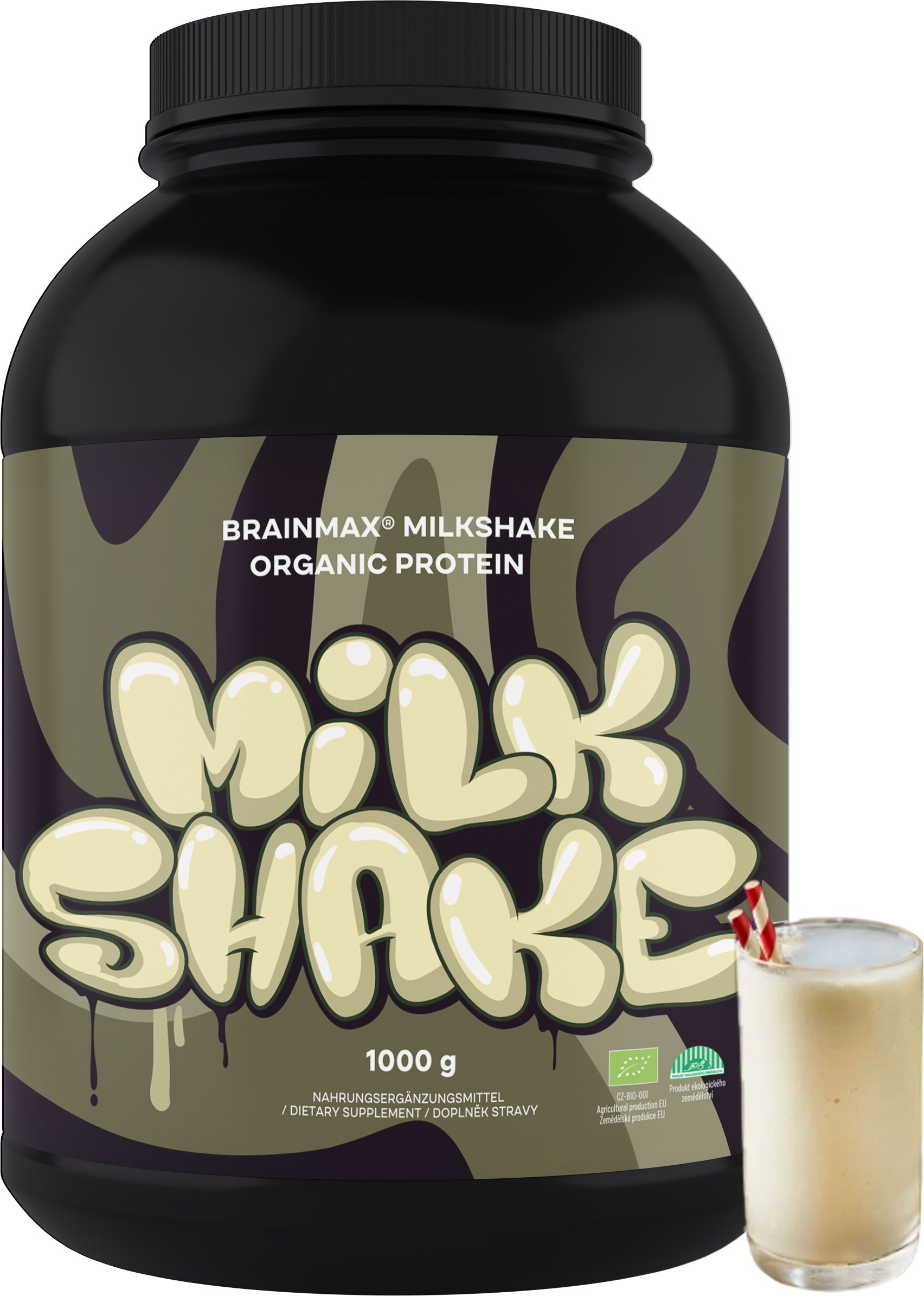 BrainMax Milkshake Protein, bez příchutě, BIO, 1000 g BIO syrovátka + BIO mléčný protein, doplněk stravy, *CZ-BIO-001 certifikát