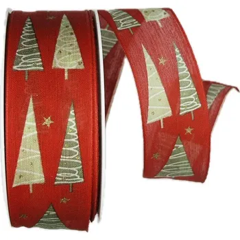 Stuha Vánoční stuha červená WINTER GARDEN 40mm x 20m (9,- Kč/m) (Vánoční bavlněná červená stuha, oboustranný potisk, s drátkem v lemu)