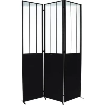 Paraván Loftová pokojová paravánová zástěna Atelier, 3dílná skládací, černá s tvrzeným sklem, 170 cm Atmosphera