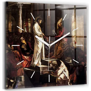 Hodiny Skleněné nástěnné hodiny tiché s potiskem Ježíš a Pilát Odsouzení 30x30