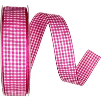 Stuha Stuha tkaná VICHY KARO PINK růžová 25mm x 20m A (8,-Kč/m) (Stuha tkaná, taftová, sytě růžová, kostkovaná, oboulící)