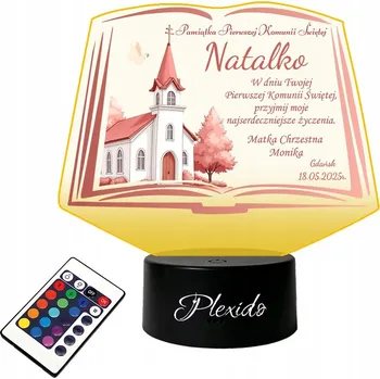 Lampička LAMPA na SKLE Plexido Statuetka Památka ke Komuni RGB + DÁLKOVÝ OVLADAČ 16 BAREV