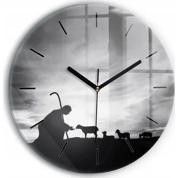 Hodiny Skleněné hodiny Sklo Tichý Bezhlučný Nástěnný Svatá Marie a ovečky fi 30