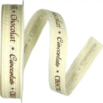 Stuha Stuha bavlněná s potiskem CHOCOLATE krémová 15mm x 2m (10,-Kč/m) (Dekorační látková stuha, bavlněná, smetanová, jednostranný potisk)