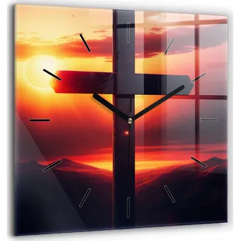 Hodiny Skleněné hodiny s potiskem Dekorativní nástěnné hodiny Kříž a západ slunce
