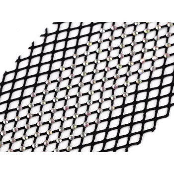 Pružná vsadka / síťovina / prýmek s broušenými kamínky šíře 75 mm, barva 5 černá AB