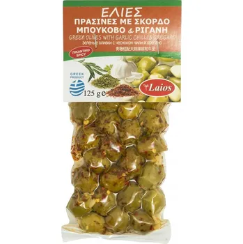 oliva LAIOS Zelené olivy s česnekem, chilli a oreganem 125g 125g