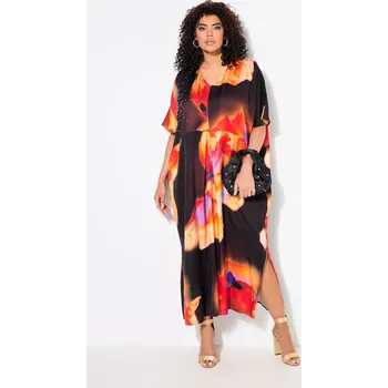 Dámské šaty Ulla Popken, Plus size Saténový kaftan, květy, ozdobné kamínky, výstřih do V, krátké rukávy pro plnoštíhlé nadměrná velikost, 836420130-1064, černý, 3=58-64, Nadměrné velikosti, Plus size oblečení, Oblečení pro boubelky, Oblečení pro baculky, Oblečení pro
