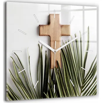 Hodiny Dekorativní Nástěnné Hodiny Netikající Dřevěné Kříž a Listy