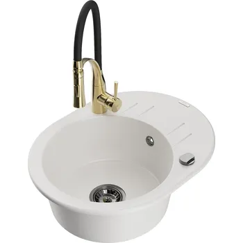 MEXEN/S - Kevin granitový dřez s odkapávačem včetně baterie Aster, bílá 6517-20-73450-57-B