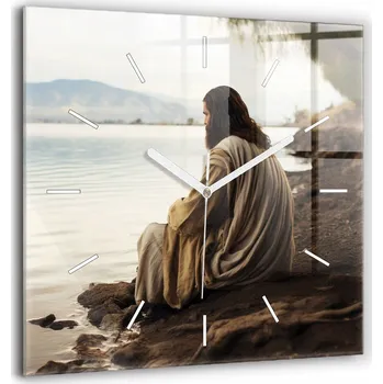 Hodiny Velké Skleněné Nástěnné Hodiny s Motivem Ježíše Krista na Břehu