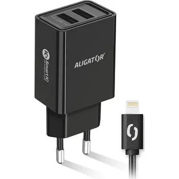 Nabíječka do sítě Aligator 2,4A, 2xUSB, smart IC, USB kabel pro Apple - černá