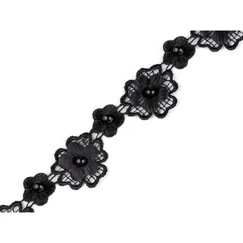 Krajka Krajka 3D květ s perlou šíře 30 mm METRÁŽ - 4 černá