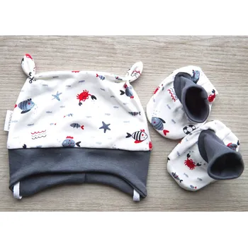 Kojenecká čepice AMÁLKA Bavlněná čepička s capáčky pro miminko, mořský svět Velikost: 56-62