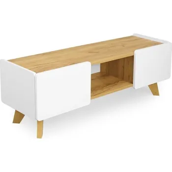 Televizní stolek Bílá TV komoda s dubovými nohami Lett 135 cm skandinávská se zásuvkami do obýváku SKANDICA