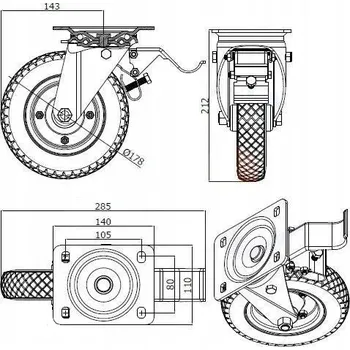 Pojezdové kolečko Foukací kolo otočné fi 175 mm s brzdou pro vozík, regál, stroj