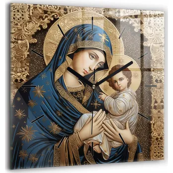 Hodiny Tiché nástěnné hodiny z tvrzeného skla - Portrét Panny Marie a Ježíše