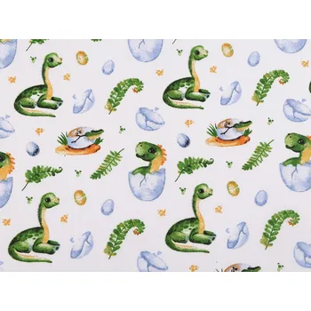 Bavlněná látka / plátno dinosaurus METRÁŽ - bílá