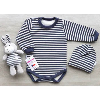 Kojenecké oblečení AMÁLKA Elastické žebrované body + čepička, šedé pruhy Velikost: 68